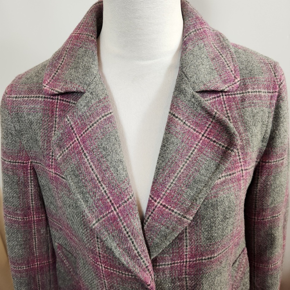 Talbots Women Size 6 Blazer Gray Pink Plaid‎ Wool Blend Tweed Jacket